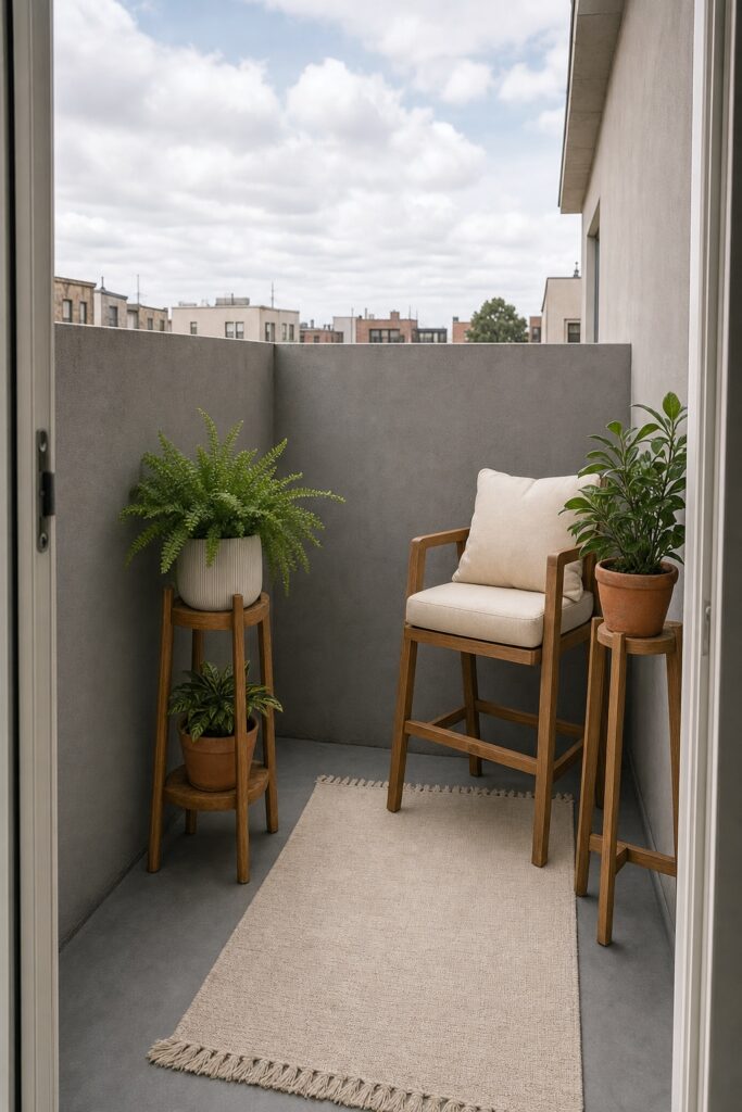 Balcony enclosed by a solid masonry wall with plants raised on stands and pale furnishings to lift the light