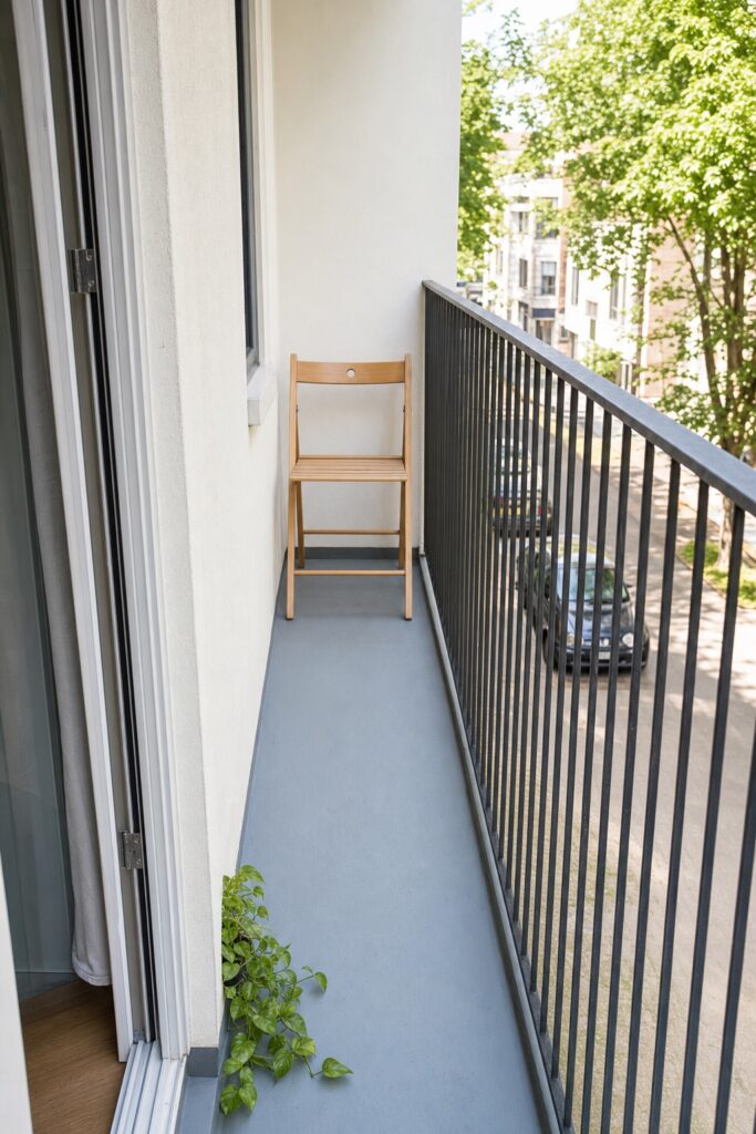 Very shallow step-out balcony kept nearly empty with one slim chair and a clear walking route