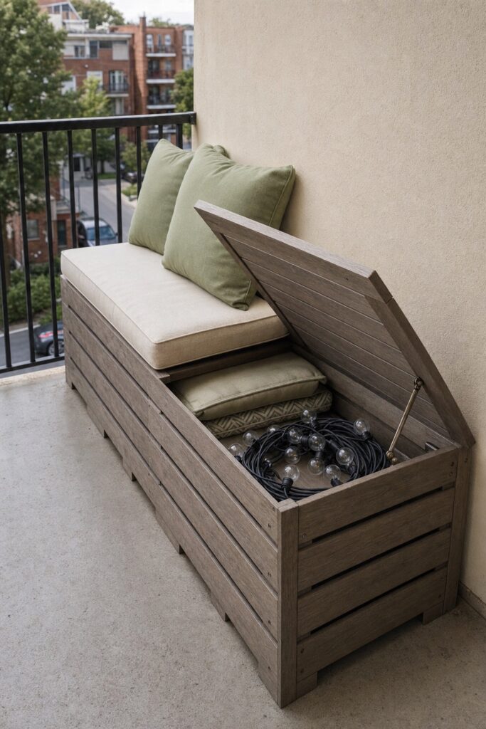 Outdoor storage bench on a balcony with the hinged lid partly open showing folded cushions stored inside