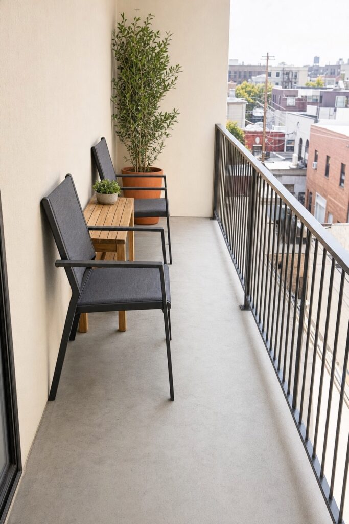 Long narrow balcony with all furniture arranged in a single row along the wall leaving the length walkable