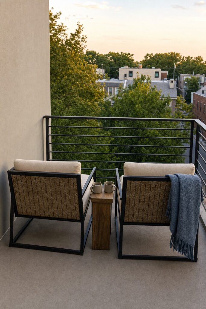 Two balcony chairs placed side by side both facing the railing with a narrow table between them