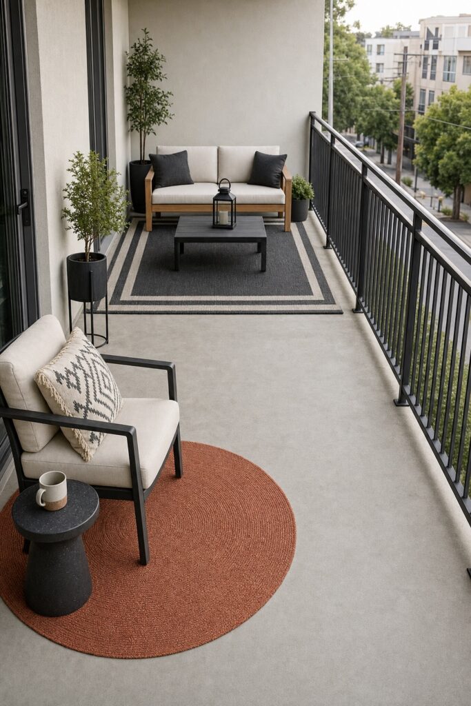 Long balcony split into two zones by two separate rugs, one with a single chair and one with seating