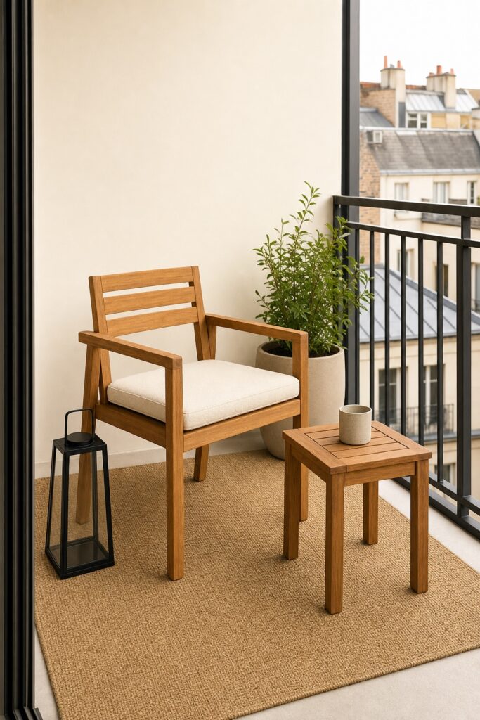 Balcony in a warm minimal palette with teak furniture, cream cushions, one black metal detail and a jute look rug