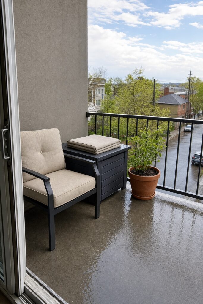 Balcony with weather durable furniture, outdoor fabric cushions and a closed storage box after a season outside
