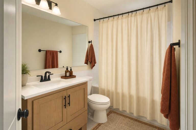 Small bathroom refreshed on a budget with a fabric shower curtain, painted walls, a wide mirror and matching black hardware