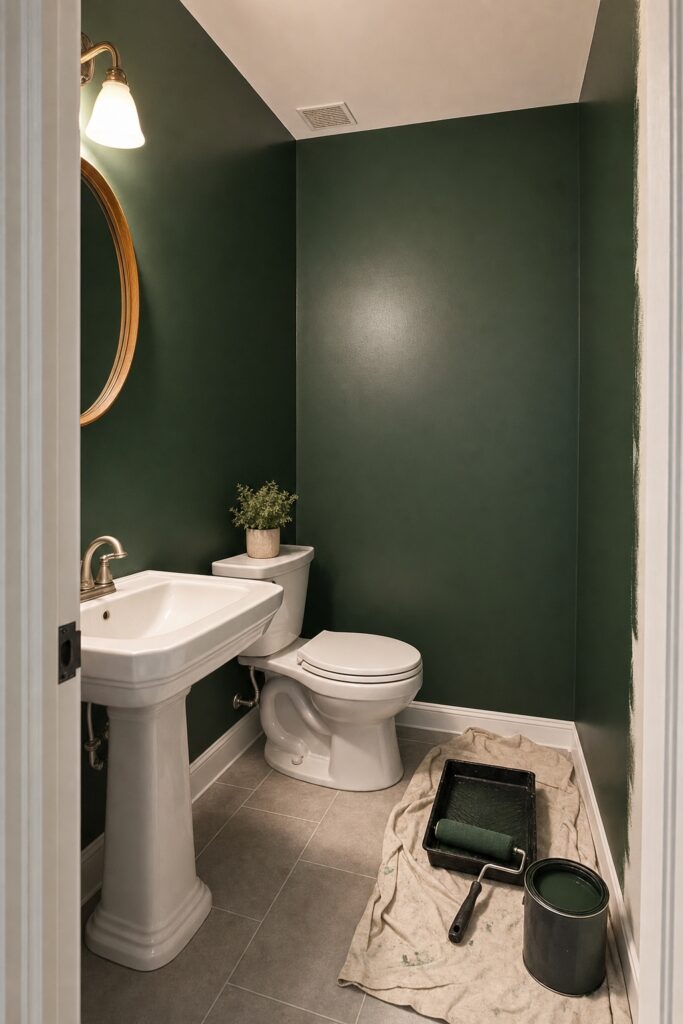 Small bathroom painted a deep green in satin finish with white fixtures, roller and paint can still in the room