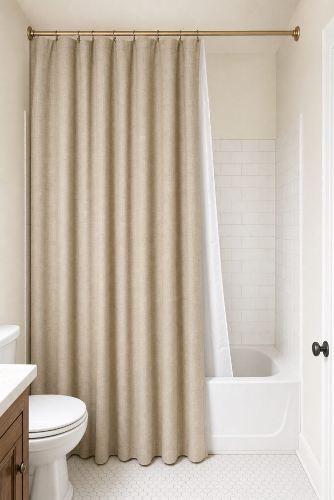 Fabric shower curtain with a separate liner hung on a high wide rod in a small bathroom