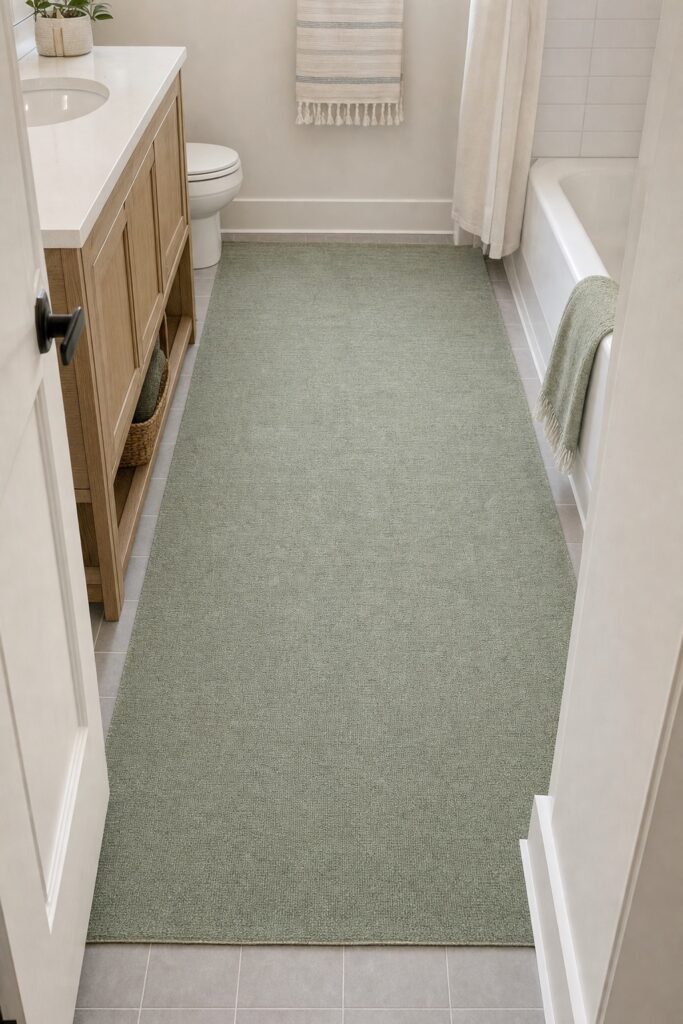 One large washable rug covering most of the floor in a small bathroom instead of a small mat