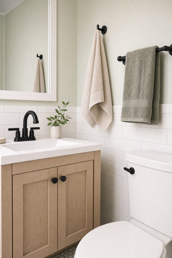 Small bathroom where the faucet, towel bar, hook and cabinet knobs all share one matte black metal finish
