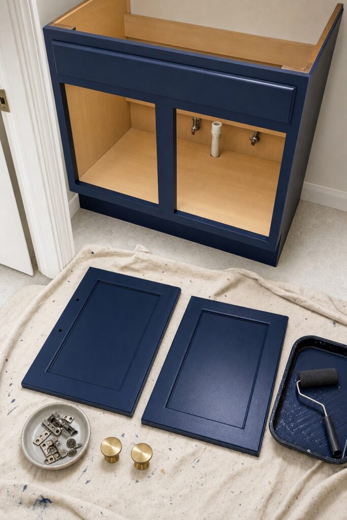 Bathroom vanity being repainted with the doors removed and laid flat and new knobs waiting to be fitted