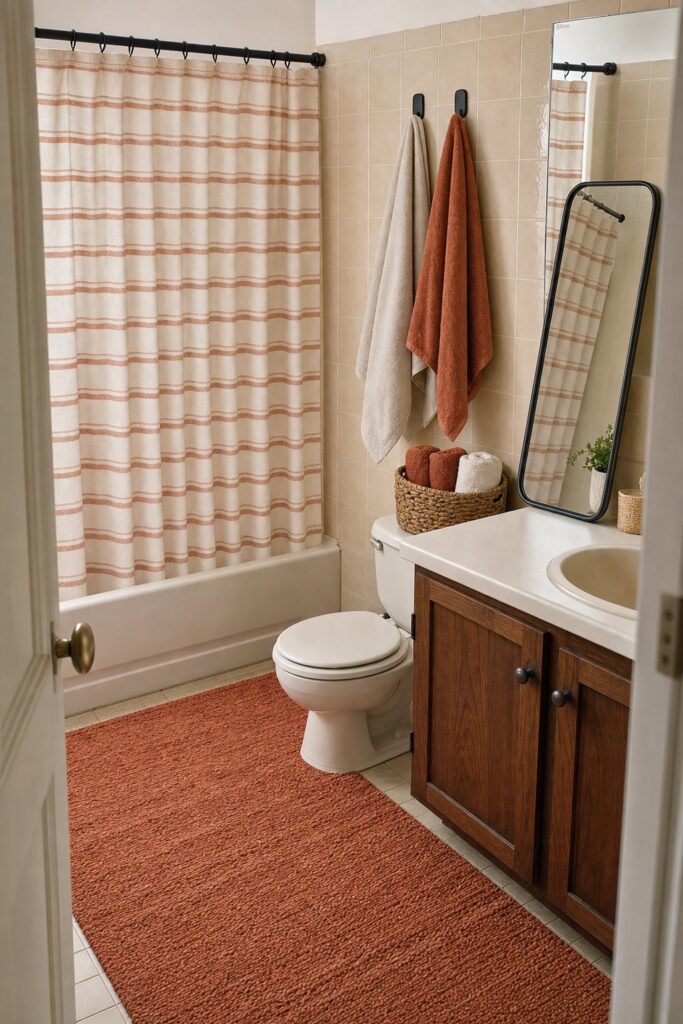 Small rented bathroom refreshed with adhesive hooks, a leaning mirror, a large washable rug and a new curtain, nothing drilled