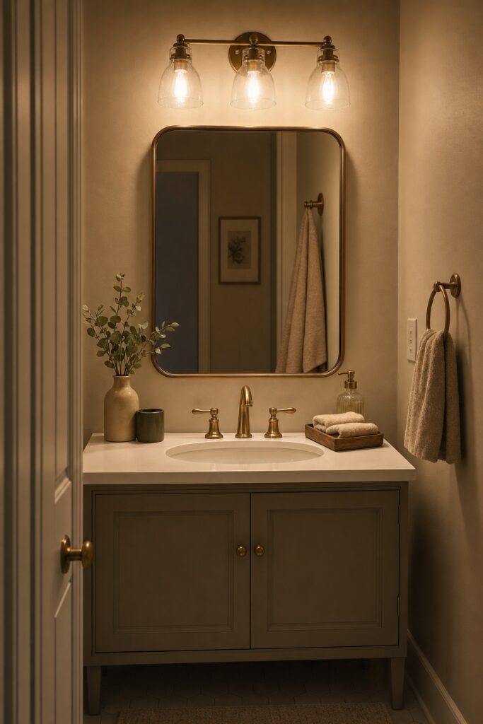 Small bathroom vanity lit by warm white bulbs giving even shadow-free light at the mirror