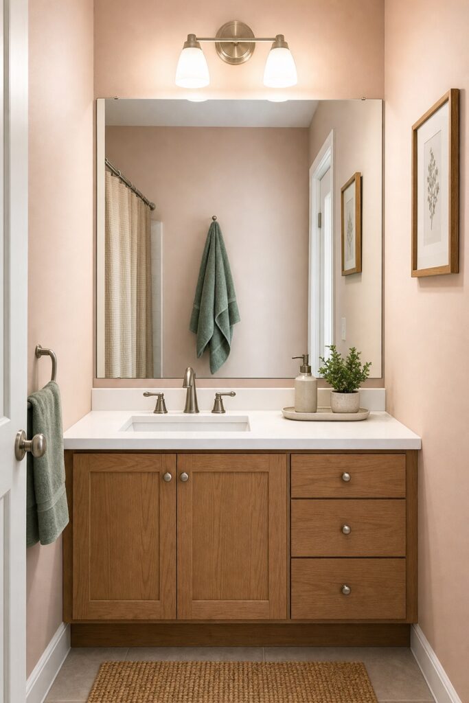 Wide mirror spanning the full width of a small bathroom vanity and reflecting the opposite wall