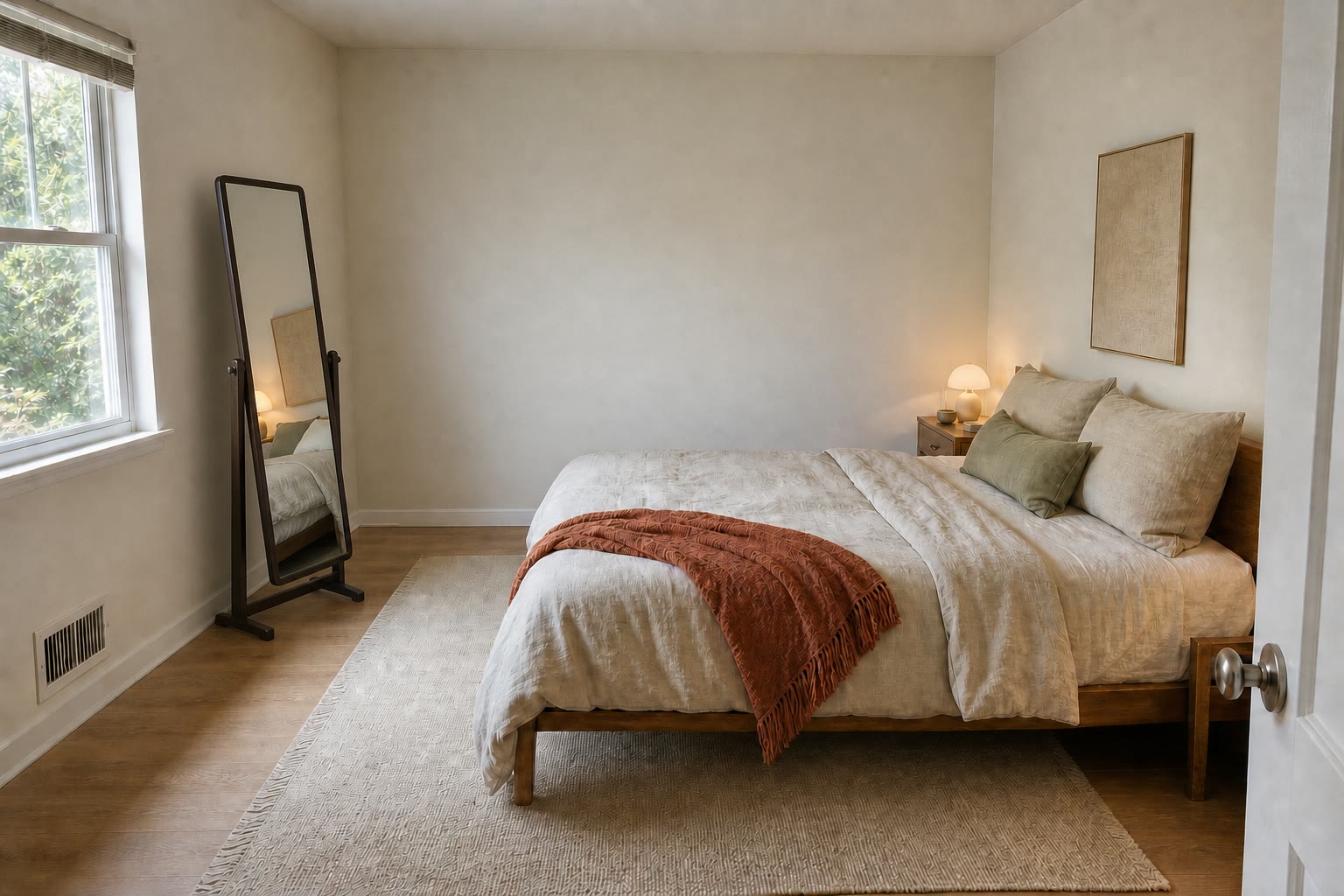 Small renter-friendly bedroom with a corner bed, open floor, freestanding mirror, and warm neutral bedding