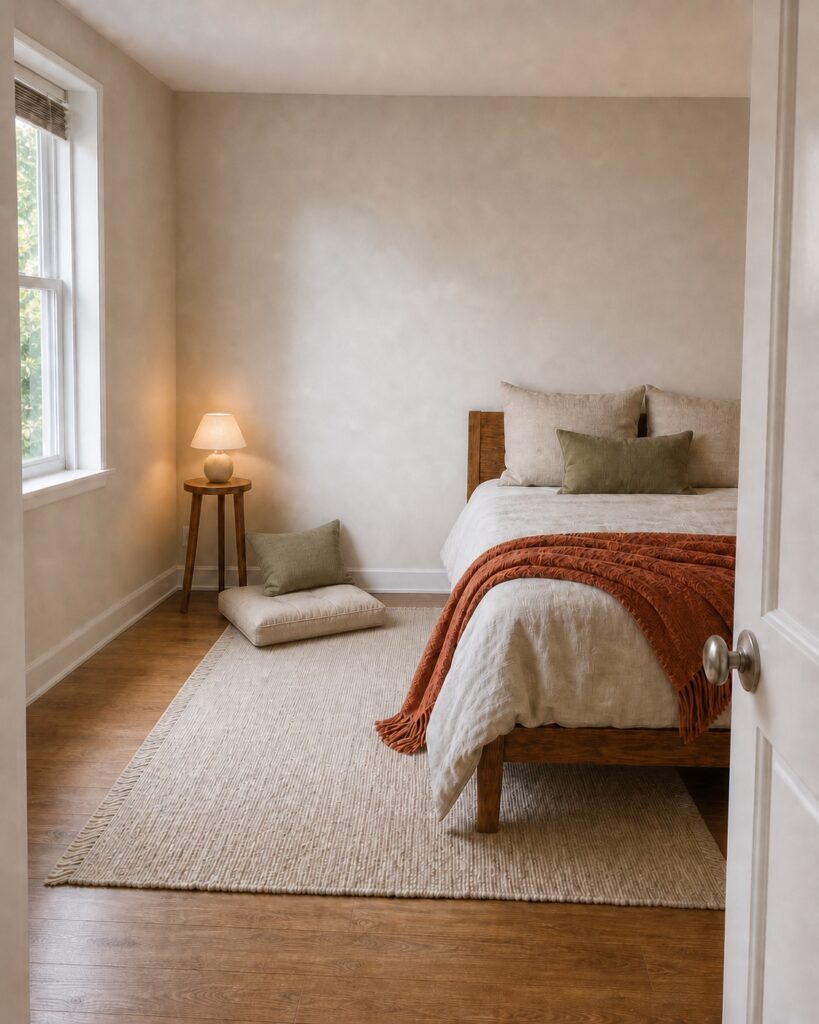 Compact small-bedroom reading corner with a floor cushion, rug edge, and warm table lamp beside the bed