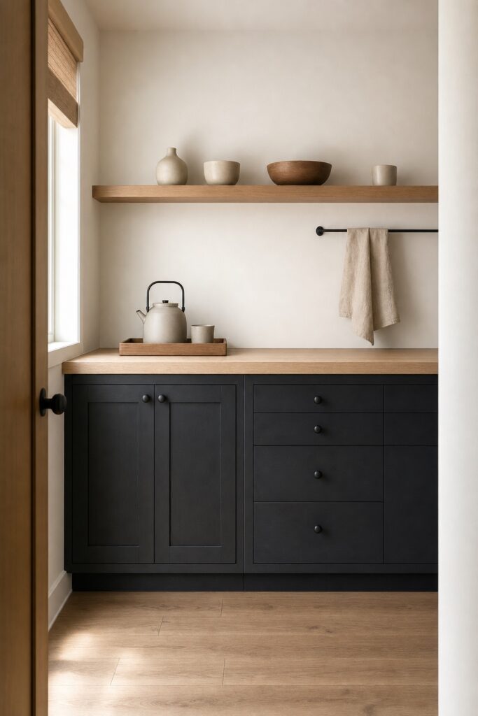 Small japandi kitchen with charcoal lower cabinets, pale oak shelf, clear counters and one linen towel