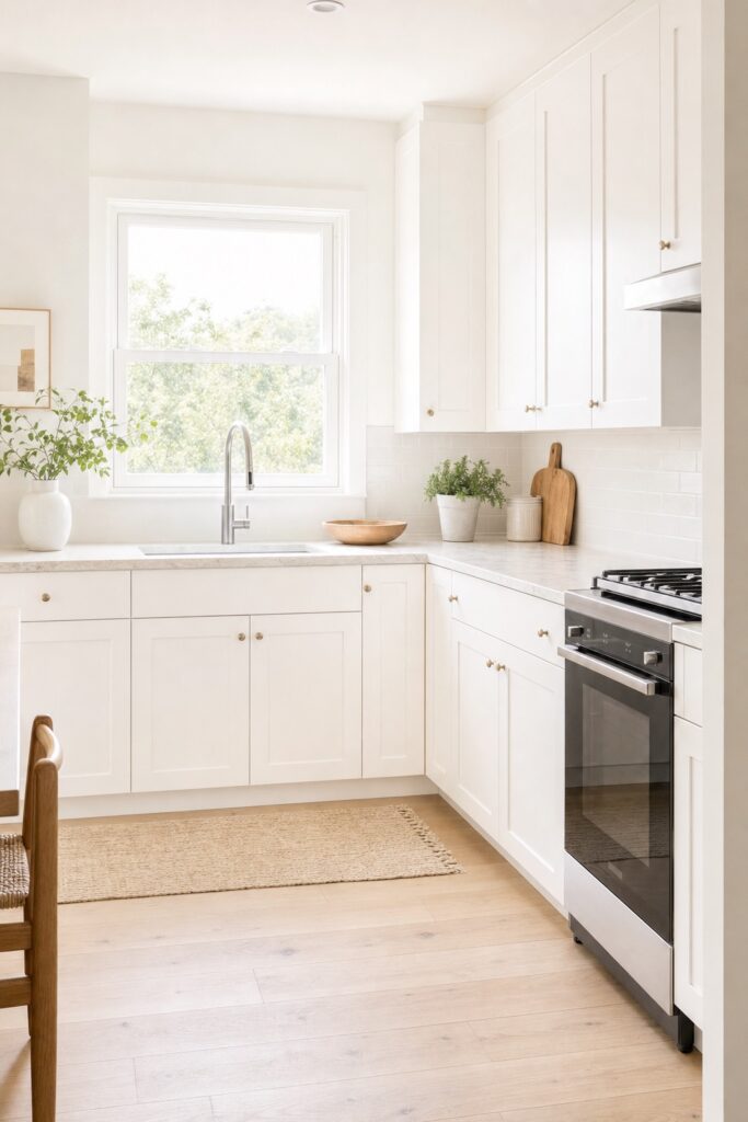 Bright all-white small kitchen with a pale wood floor that reads larger because of its light surfaces