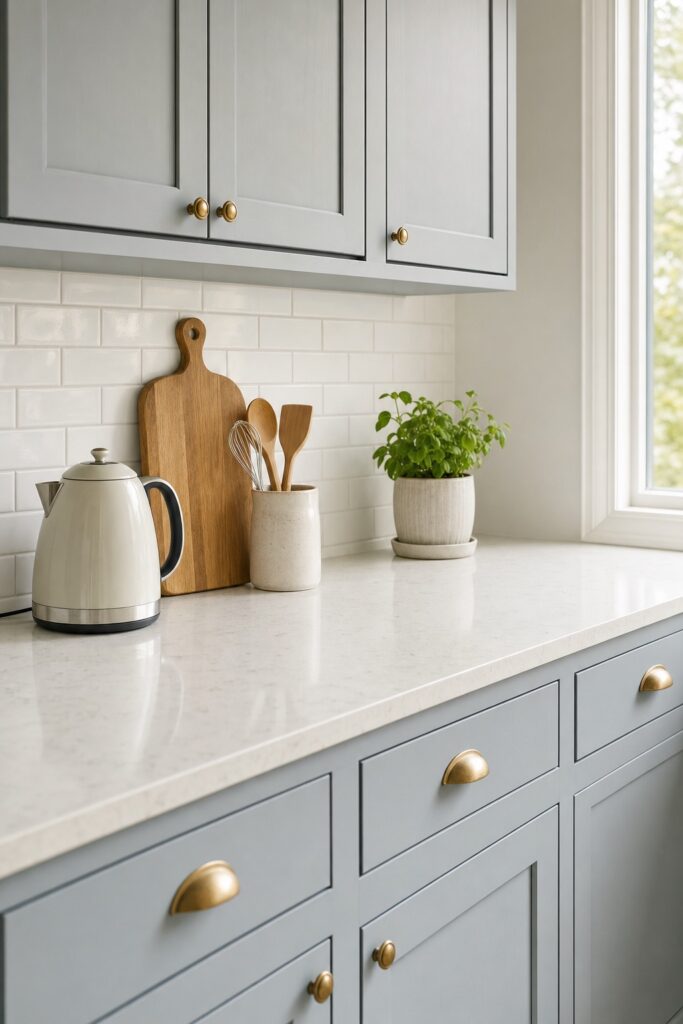 Small-kitchen counter cleared to only a kettle, a cutting board, and a crock of utensils