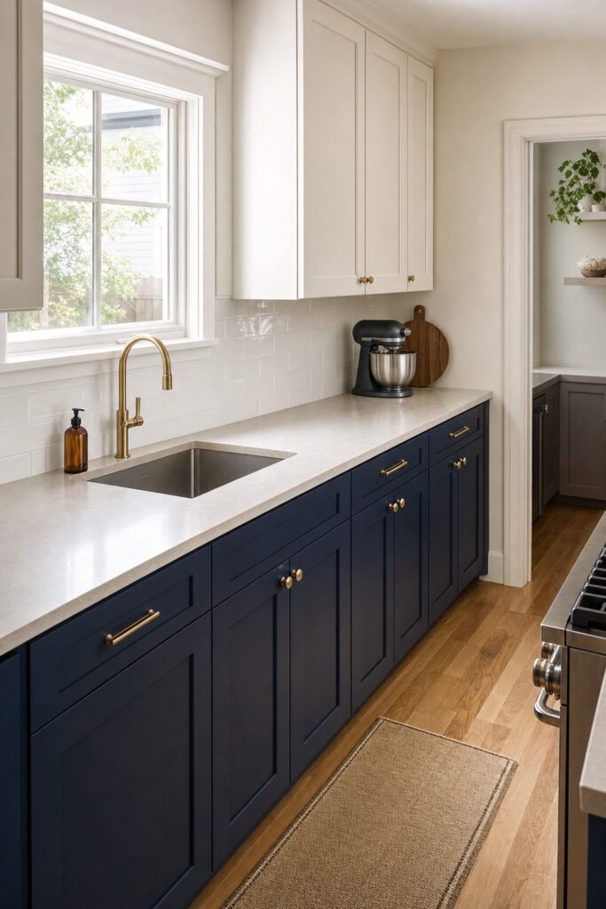 Small kitchen with navy lower cabinets and a mostly clear, usable counter run