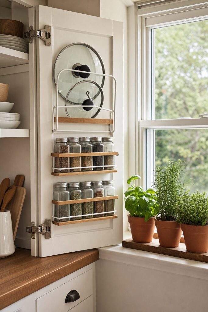 Cabinet door with a mounted rack holding lids and spice jars, next to a windowsill of potted herbs
