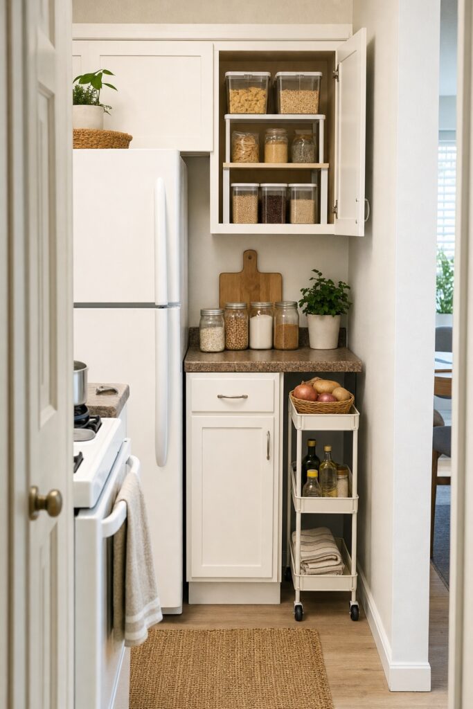 Small rental kitchen storing groceries with clear bins and a shelf riser in an open upper cabinet, glass jars on the counter, and a slim three-tier rolling cart with a produce basket.