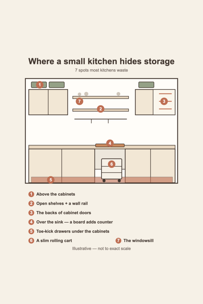 Diagram of a small kitchen marking seven hidden storage spots: above the cabinets, open shelves and a wall rail, cabinet-door backs, over the sink, toe-kick drawers, a rolling cart, and the windowsill
