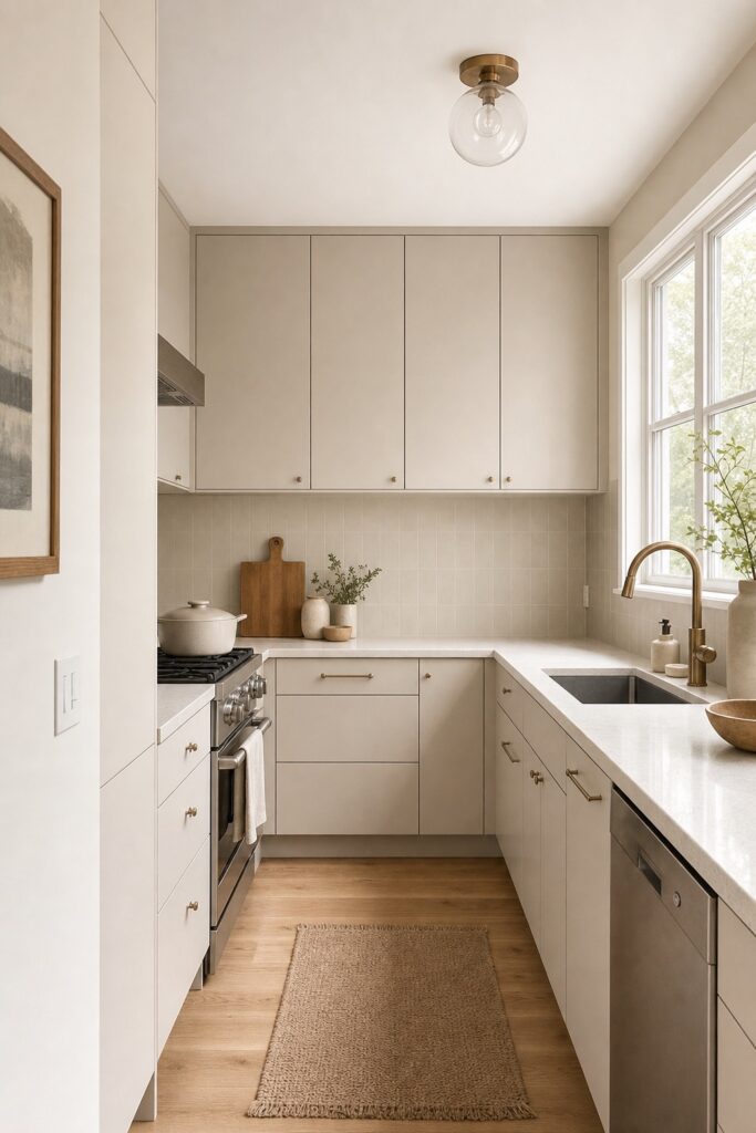 Small kitchen with cabinets and backsplash in one soft greige tone so the surfaces blend together