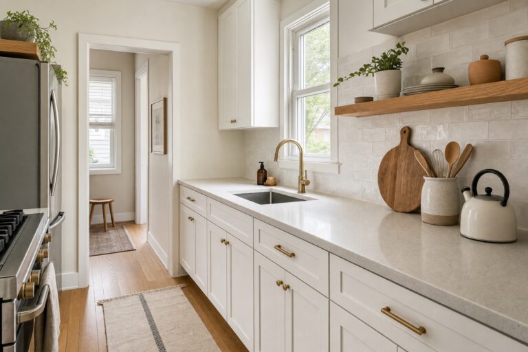 Small white galley kitchen with a brass faucet, an oak open shelf, and clear counters lit by a window