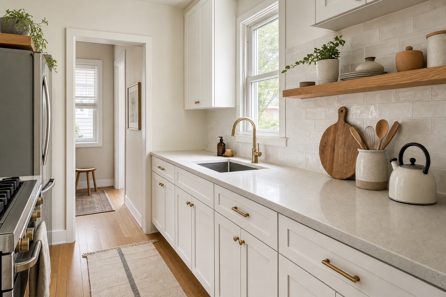 Small white galley kitchen with a brass faucet, an oak open shelf, and clear counters lit by a window
