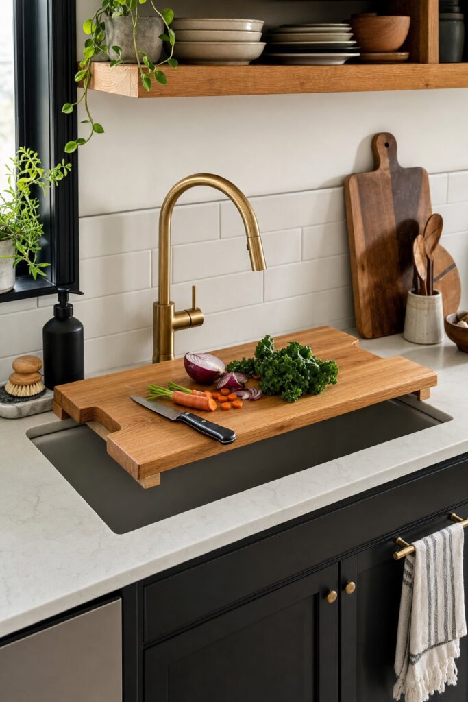 Solid wood board resting across a sink to add prep space, with chopped vegetables on top