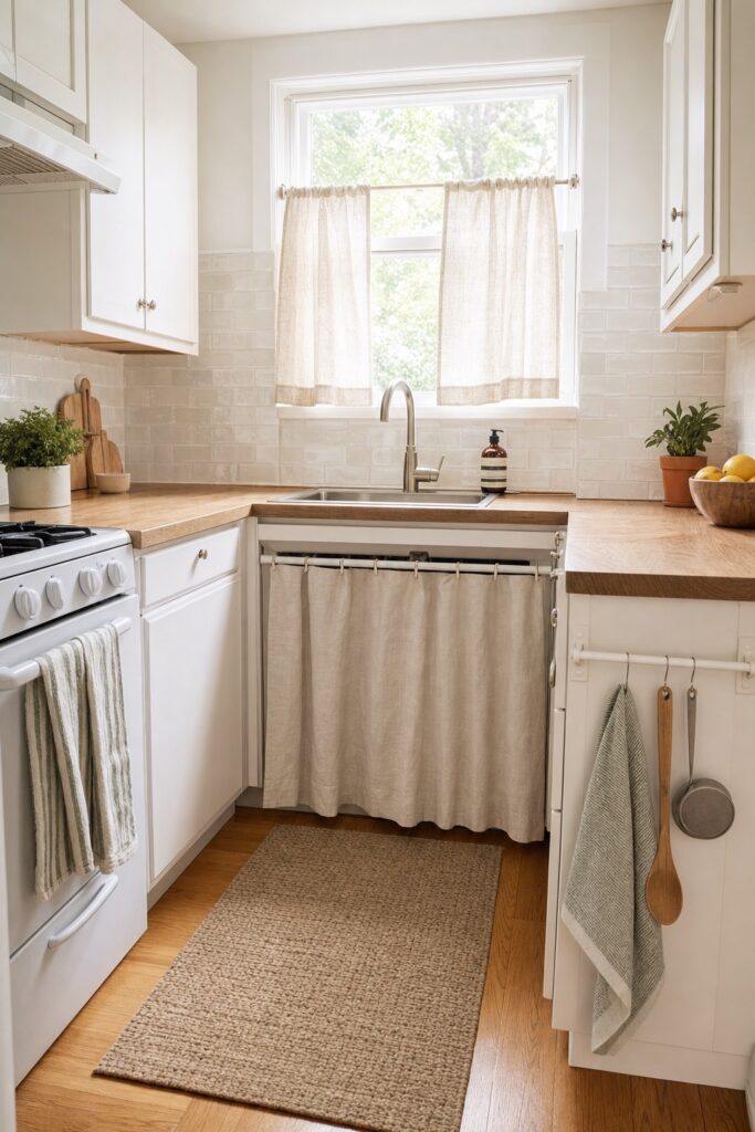 Rented small kitchen updated with tension-rod curtains, a no-drill utensil rail, and an under-sink skirt