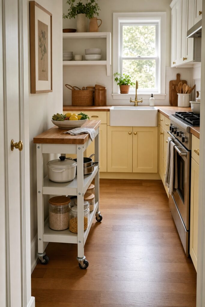Slim rolling cart with a butcher-block top adding counter and storage in a small butter-yellow kitchen