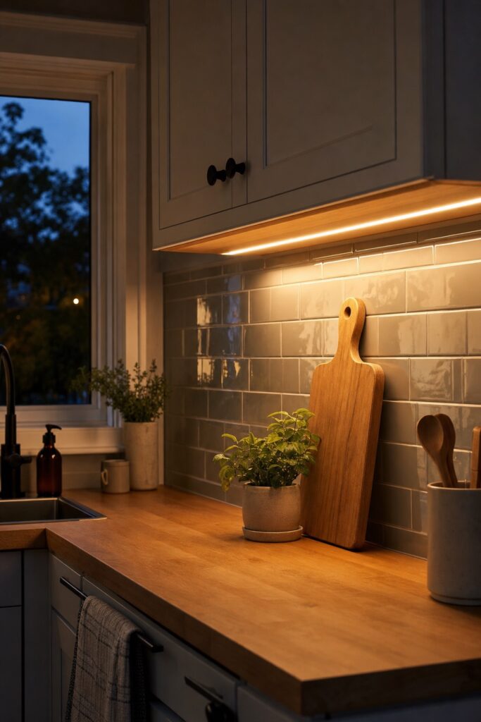 Warm under-cabinet lighting glowing over a counter and reflecting off a glossy backsplash at dusk