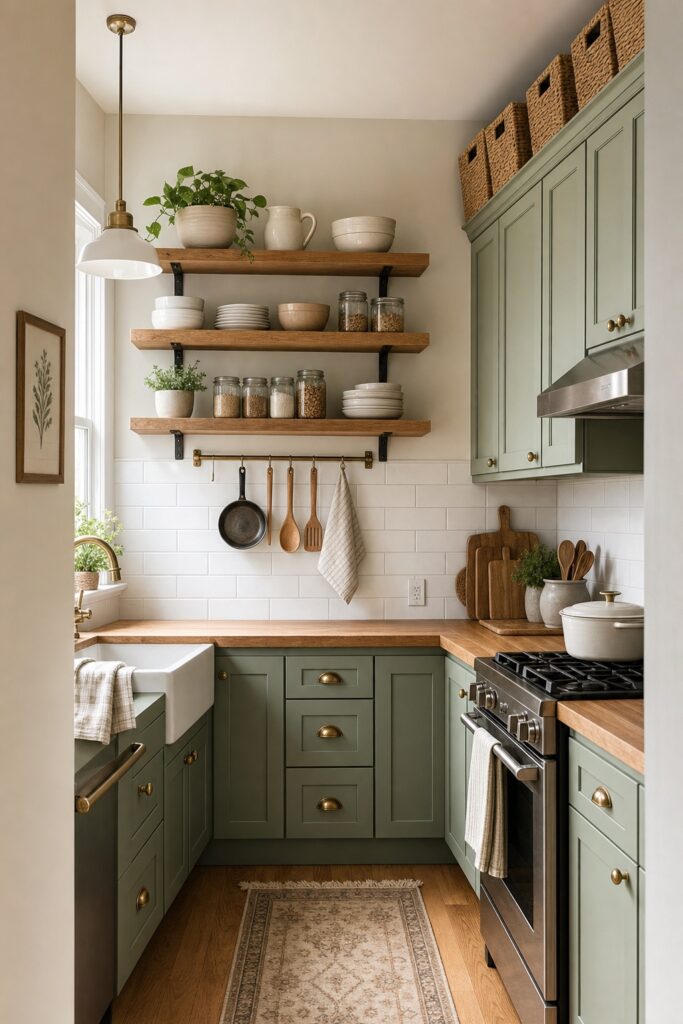 Small sage-green kitchen using open shelves, a wall rail, and baskets above the cabinets for vertical storage