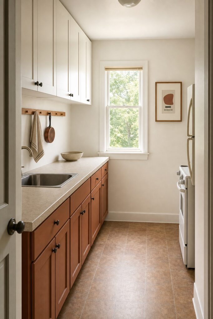 Narrow galley kitchen with one wooden rail holding two objects and one framed print on the end wall