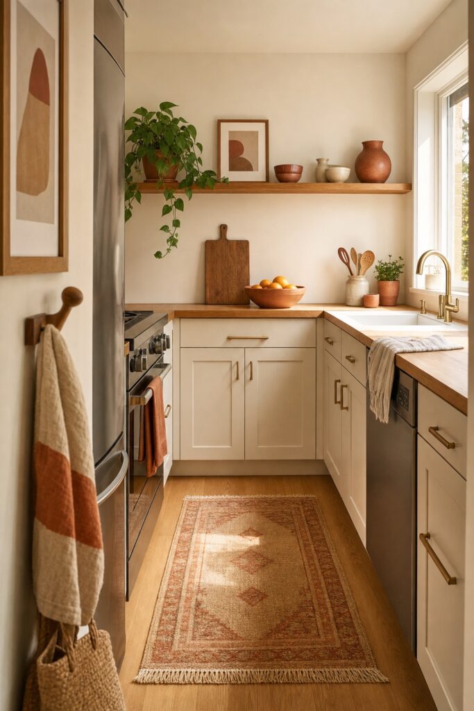 Small kitchen styled with an open shelf, a plant, art, and a floor runner for warmth without clutter