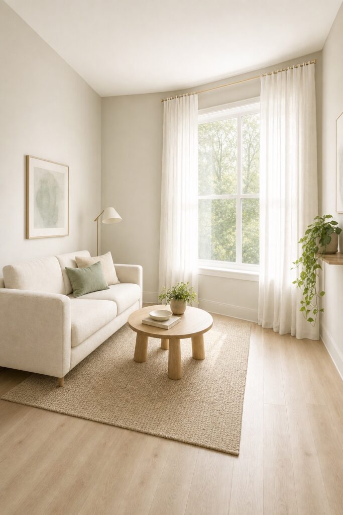 Bright, airy small living room with pale walls, sheer curtains hung high and wide, and a compact cream sofa