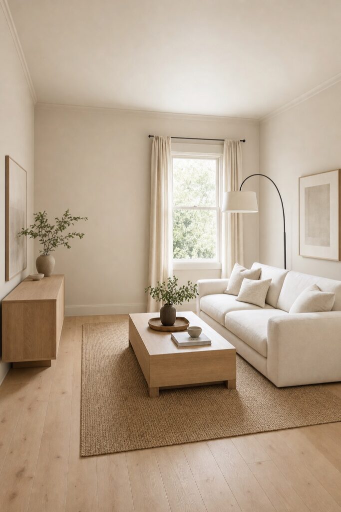Small living room with walls and trim painted one soft greige tone so the corners of the room recede