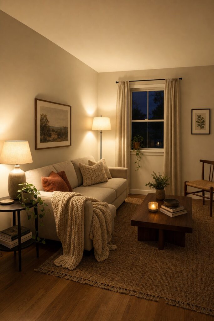 Small living room in the evening lit by a table lamp and a floor lamp, with a chunky knit throw and greenery