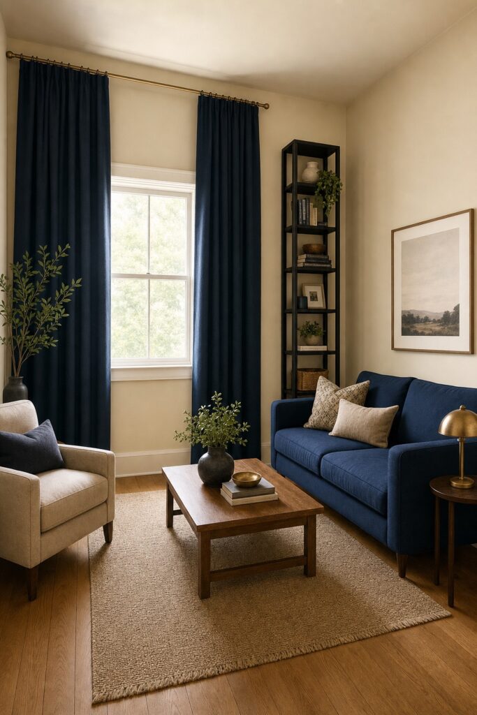 Small living room with navy accents, curtains hung high and wide, and a tall slim bookshelf that draws the eye upward