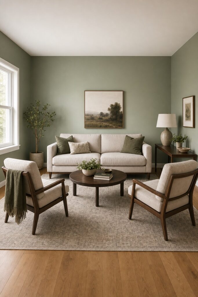 Sage-green small living room with the sofa and two wood-framed chairs floated off the walls around one large rug