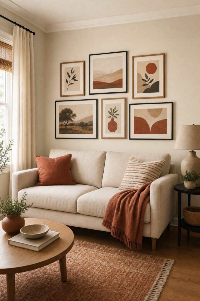 Balanced six-frame gallery wall sized to a small sofa, its bottom row hung just above the sofa back