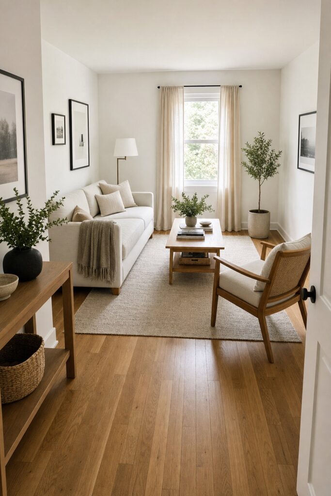 Small white-and-wood living room arranged with a clear walking path from the door past the sofa and coffee table