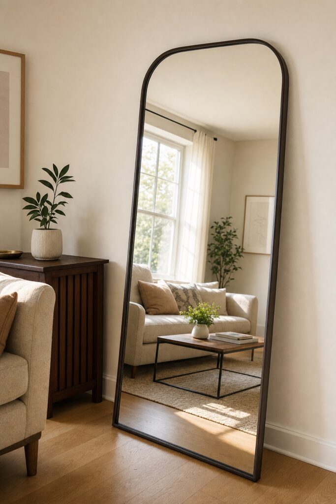 Large full-length mirror leaned against the wall opposite a window, reflecting daylight back into a small living room