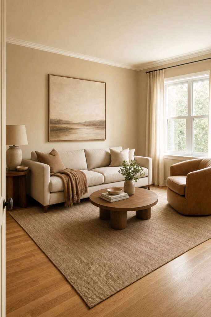 Small living room in one cohesive warm palette with a single large piece of art as the focal point