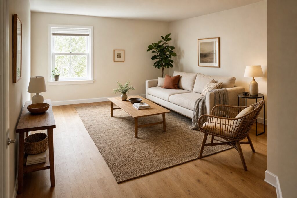 Small living room with a cream sofa floated off the wall on a large jute rug, a wood coffee table, and daylight from a side window