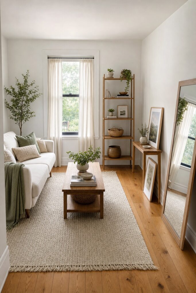 Rented small living room using a leaning mirror, leaning framed art, and a freestanding shelf for a damage-free look