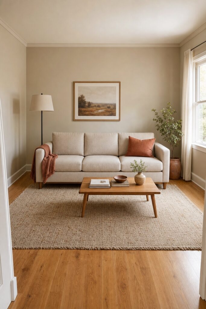 Small living room with a single properly scaled three-seat sofa and open floor space, styled with terracotta accents