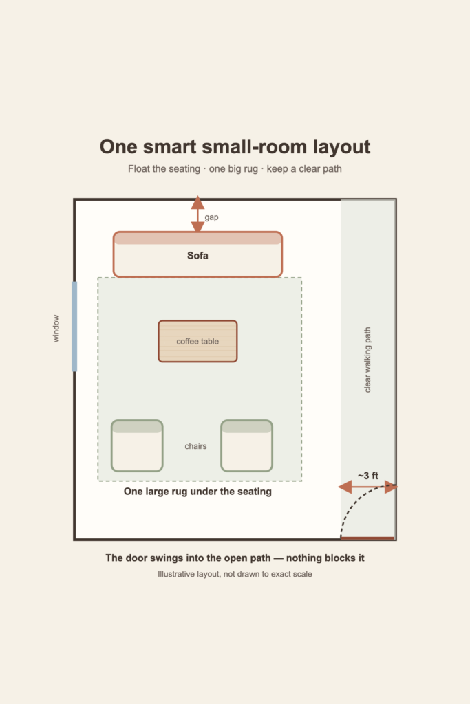 Top-down layout diagram of a small living room with the sofa floated off the wall, all seating on one rug, and a three-foot clear path the door swings into