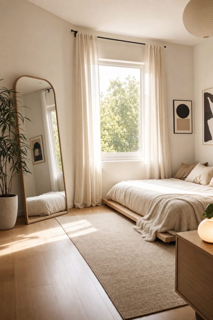 Small teen bedroom made to feel bigger: a leaning full-length mirror, a low bed, curtains hung high and wide, and one tall plant in the corner.